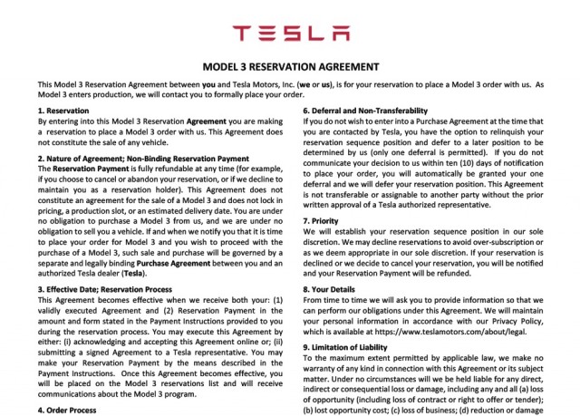 Tesla Model 3 Reservation Agreement