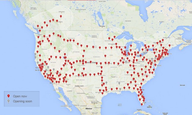 Tesla Motors Supercharger network in the U.S. - map as of January 2016