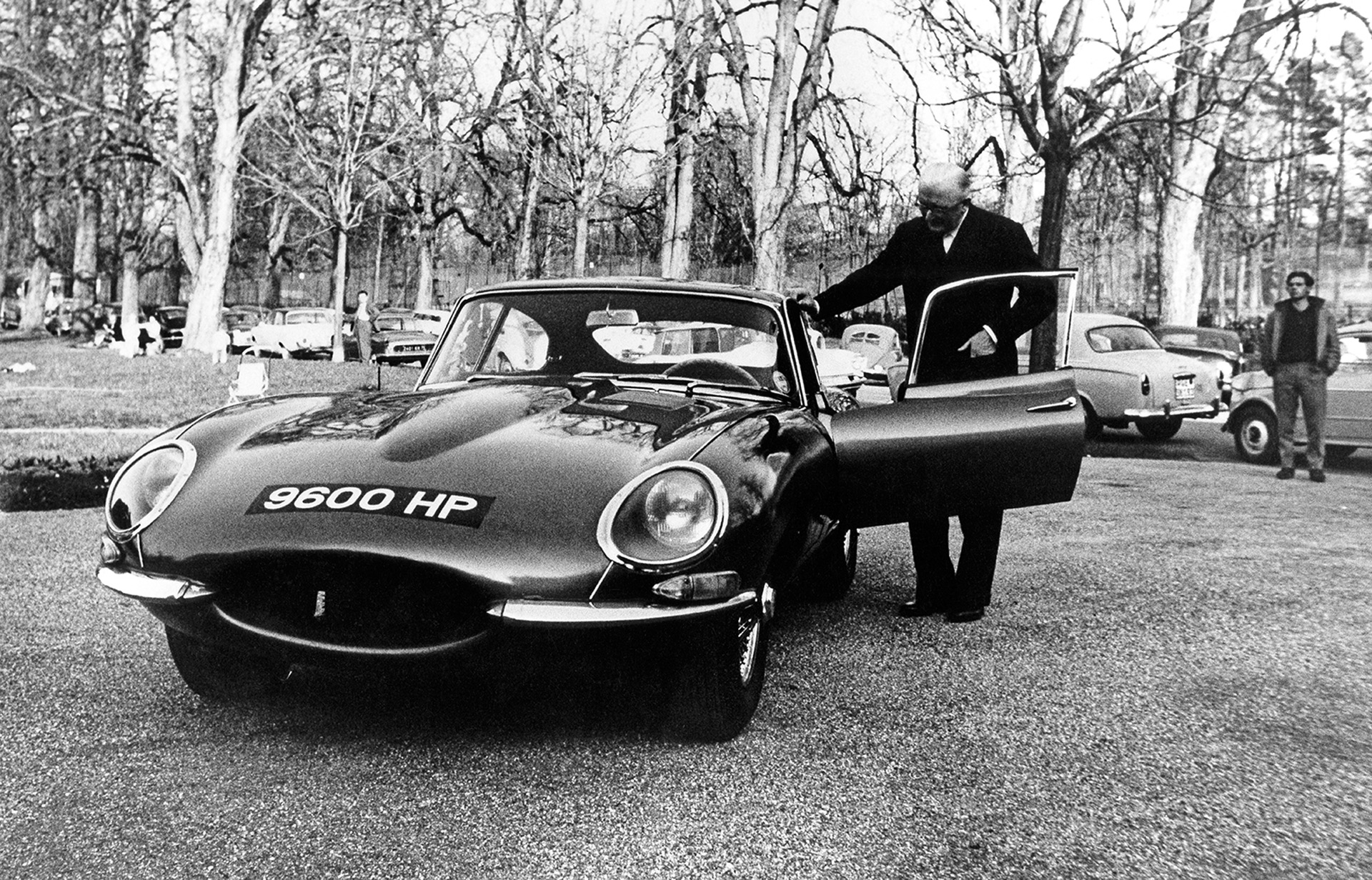 Jaguar founder William Lyons with the 1961 Jaguar E-Type registered 9600 HP