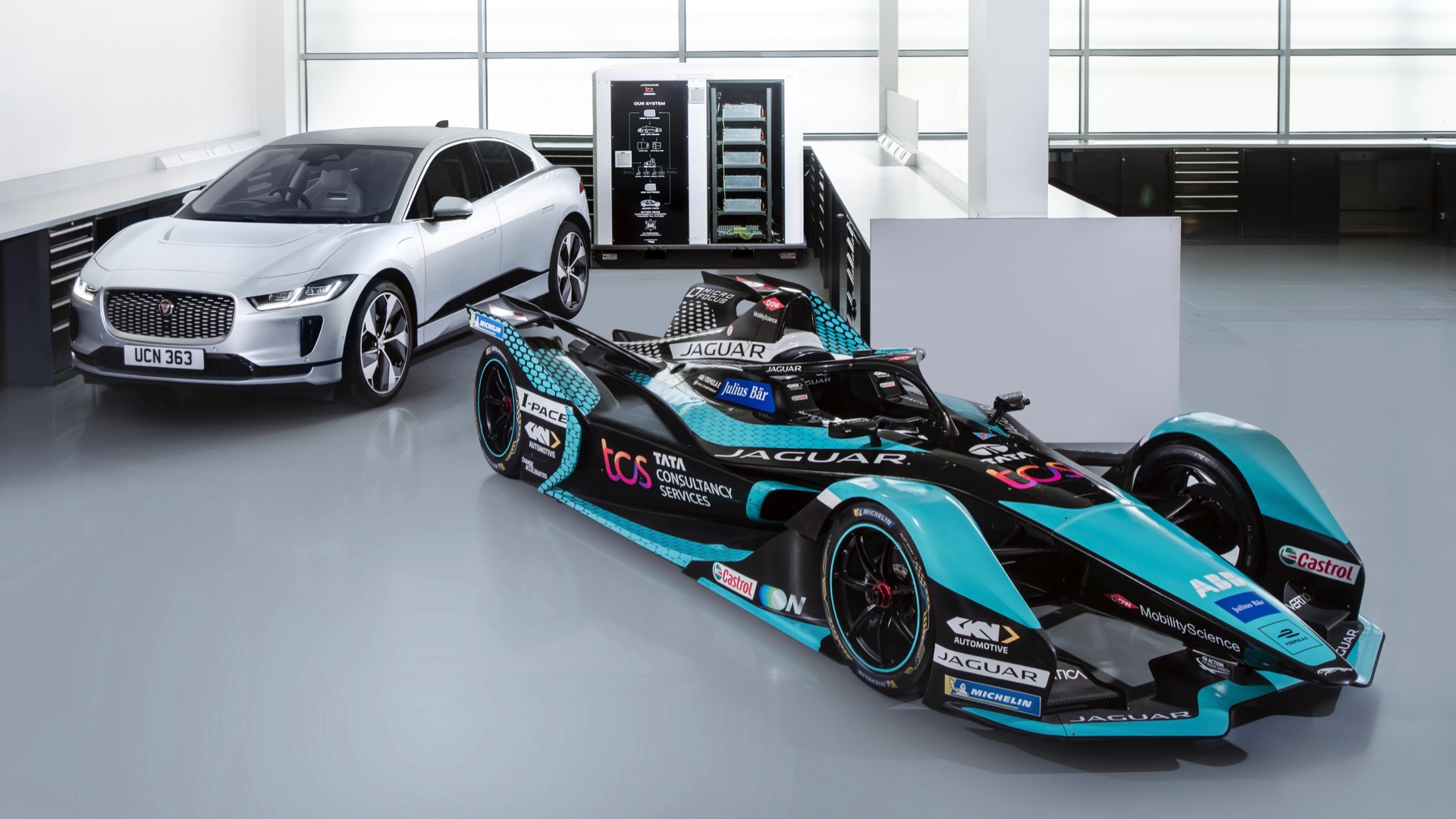 Jaguar I-Pace, I-Type 5 Formula E car, and Pramac Off-Grid Energy Storage System