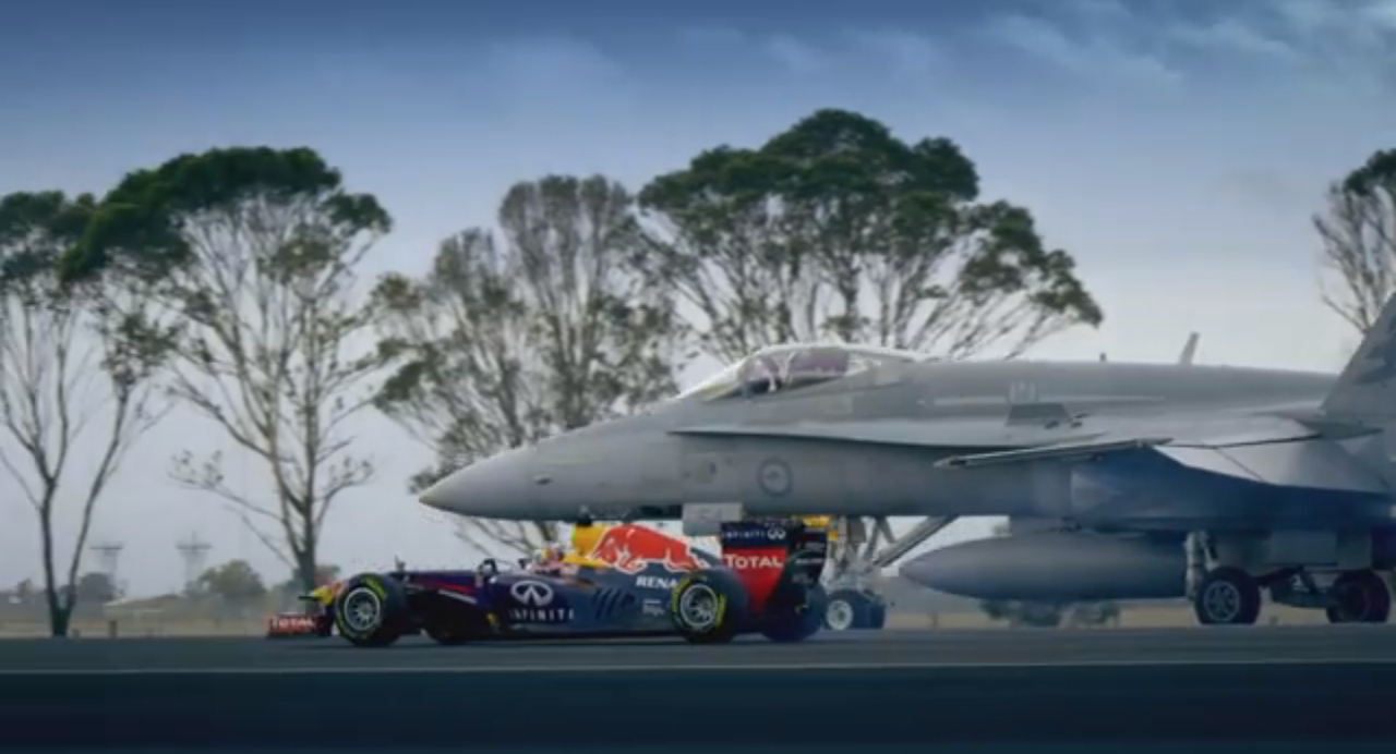 Red Bull Racing's Daniel Ricciardo Takes On An F/A-18 Hornet Fighter Jet:  Video