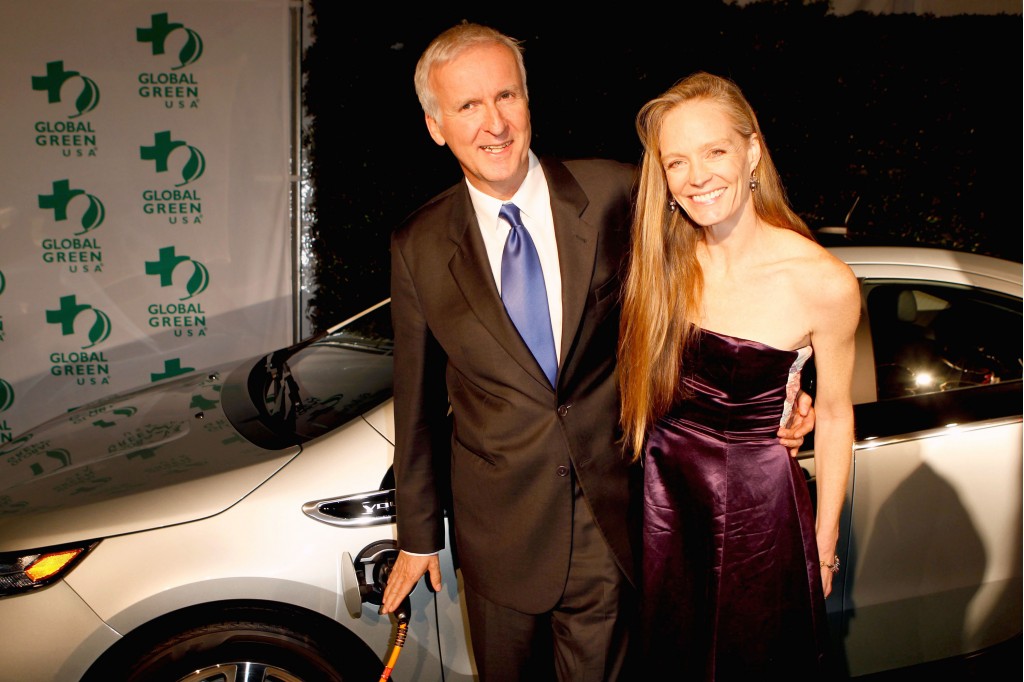 James Cameron, Suzy Amis with 2011 Chevy Volt at Global Green Pre-Oscar Party, Feb 2011