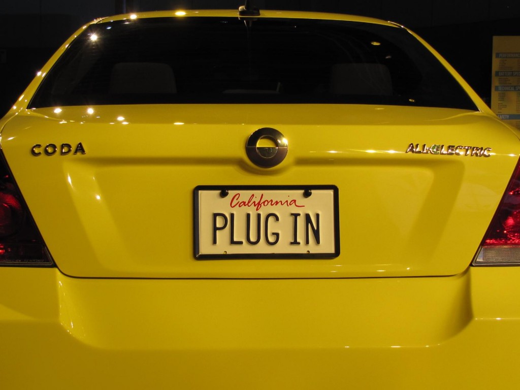 Image 2011 Coda Sedan electric car, 'Plug In' license plate, 2010 Los