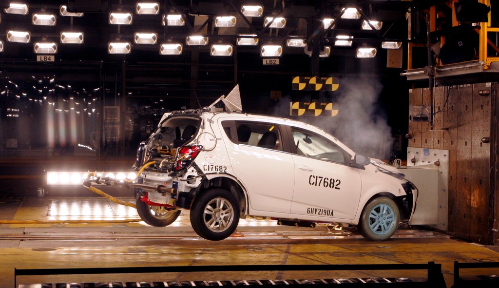 A 2012 Chevy Sonic undergoes frontal offset crash testing. Image: GM Corp.
