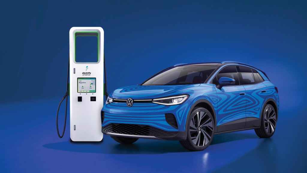 2021 Volkswagen ID.4 and Electrify America DC fast-charging station