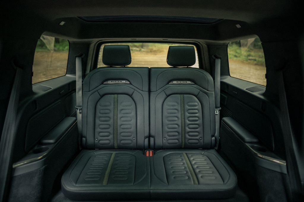 Rivian outfits the R1S's cabin with sustainable materials, plenty of technology, and some cool extras.