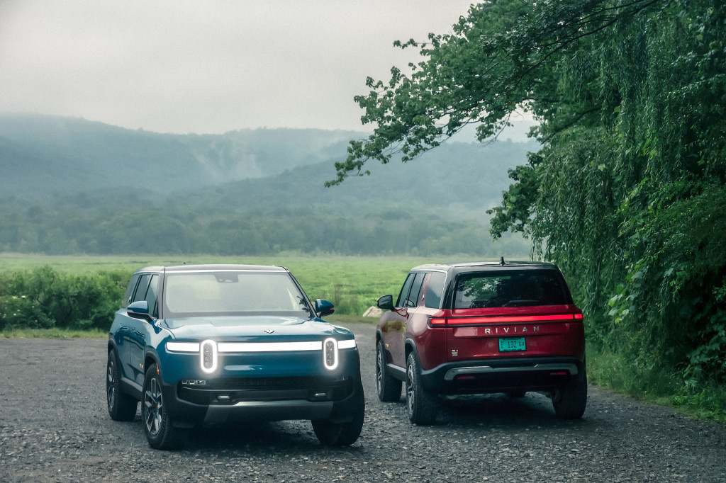 With 835 hp on tap, the Rivian R1S pushes its 3.5 ton curb weight from 0-60 mph in about three seconds.