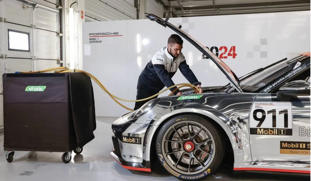 2024 Porsche 911 GT3 Cup race car being filled with e-fuel