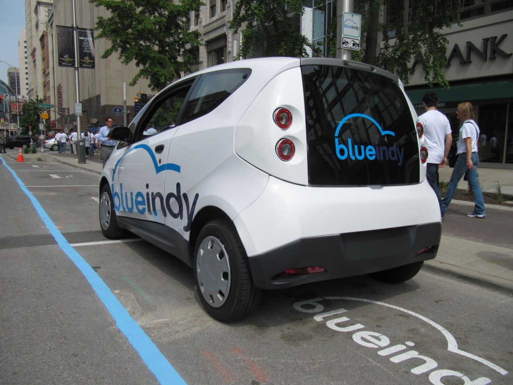 BlueIndy electric-car sharing station and European Bollore BlueCar, Indianapolis, Indiana, May 2014