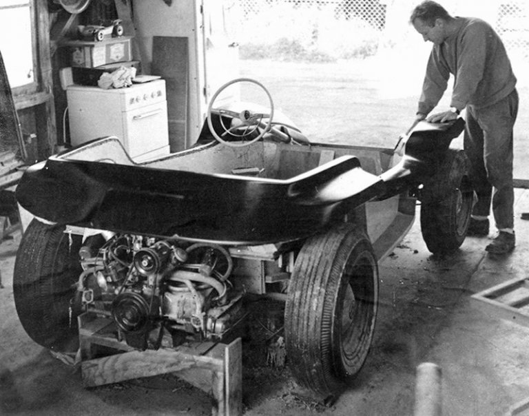 Bruce Meyers hand-building the first Manx, Old Red, at his Newport Beach shop in 1964