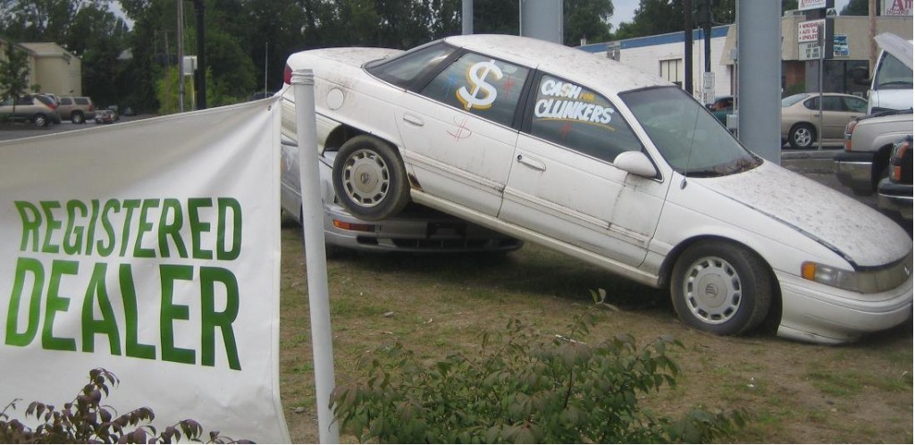 Cash for Clunkers banner with Mercury Sable, Albany, New York