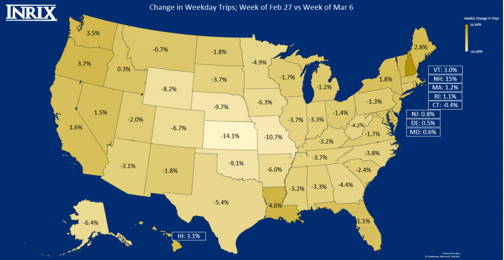 Change to US weekday trips;  week of February 27, 2022, versus March 6, 2022 (credit: Inrix)