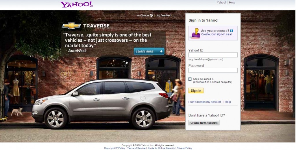 Chevrolet ad on the Yahoo log-in page