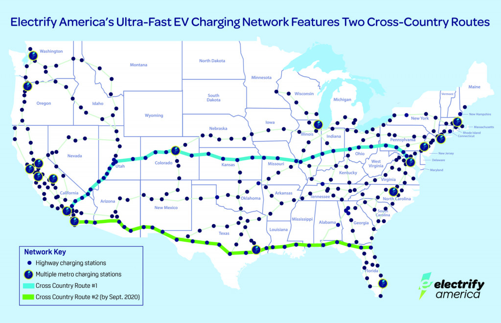 Electrify America high-power fast-charging routes - June 2020