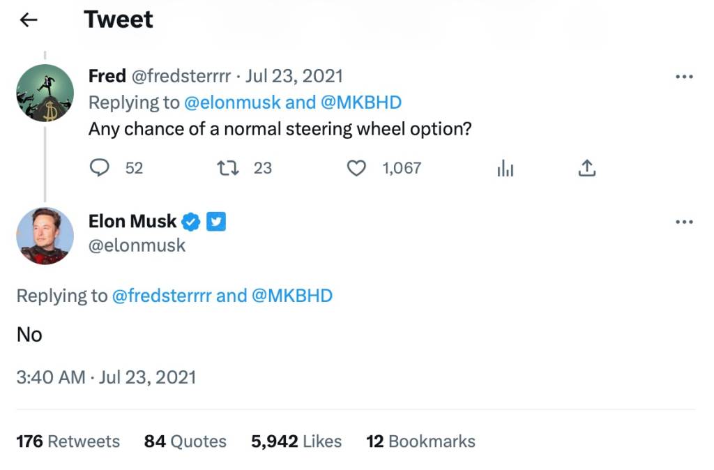 Elon Musk denies plans for a steering wheel option alongside Tesla yoke in July 2021 tweet