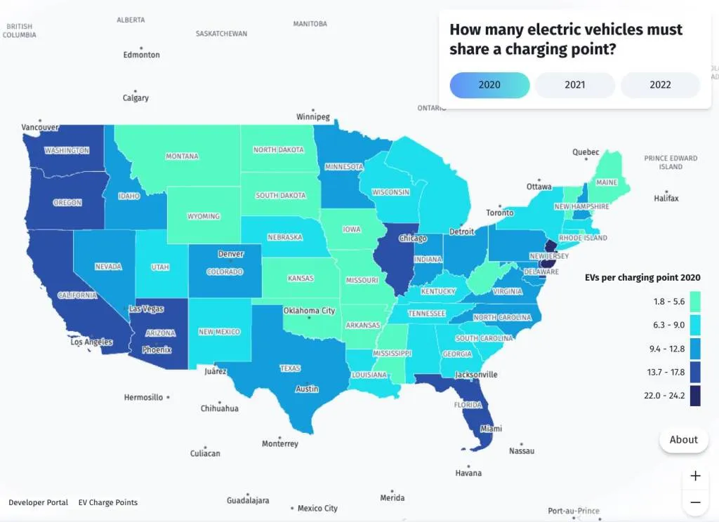 EV chargers per registered EV, by US state, 2020