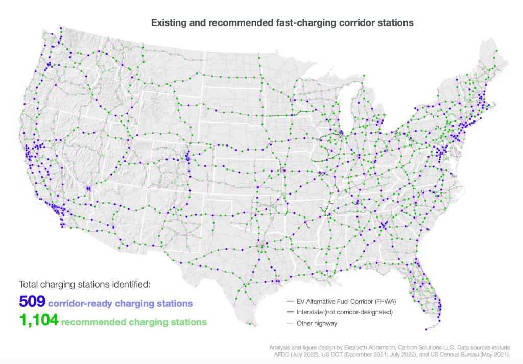 Befintliga och rekommenderade snabbladdare för elbilar i USA (från 2023 års studie av Great Plains Institute)