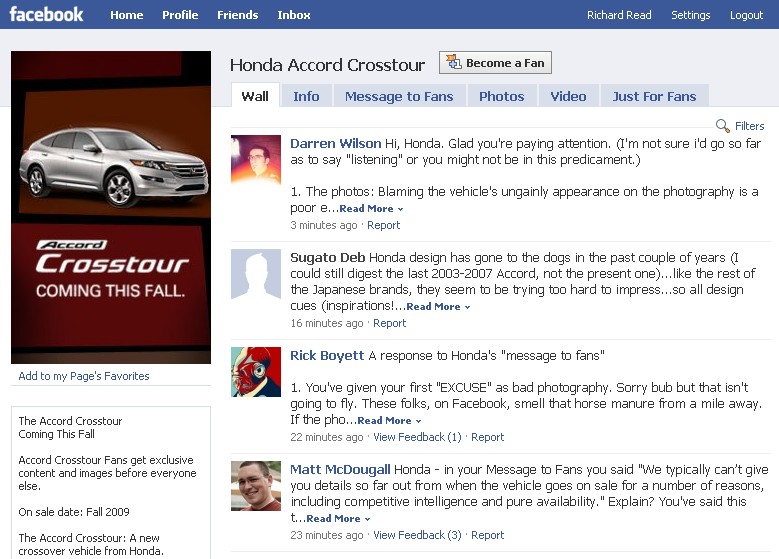 Facebook page for the Honda Accord Crosstour