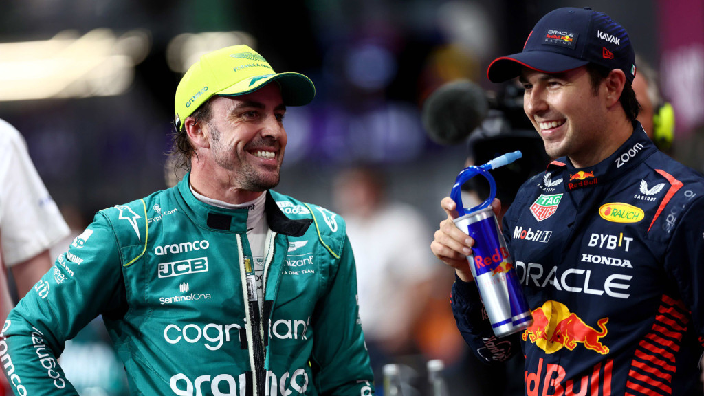Fernando Alonso (left) and Sergio Perez at the 2023 F1 Saudi Arabian Grand Prix