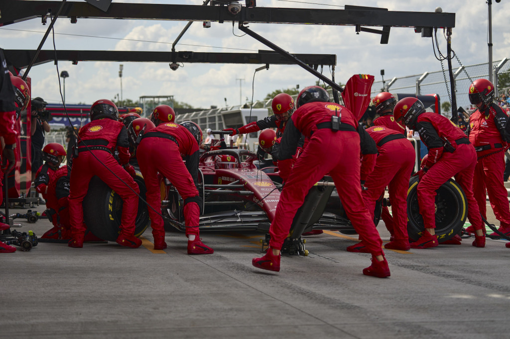 Ferrari crew members get ready for the three-second tire-swap drill. Despite their valiant efforts, Ferrari driver Charles Leclerc (“L’Eclair” is one tasty nickname) finishes second, in front of teammate Carlos Sainz.