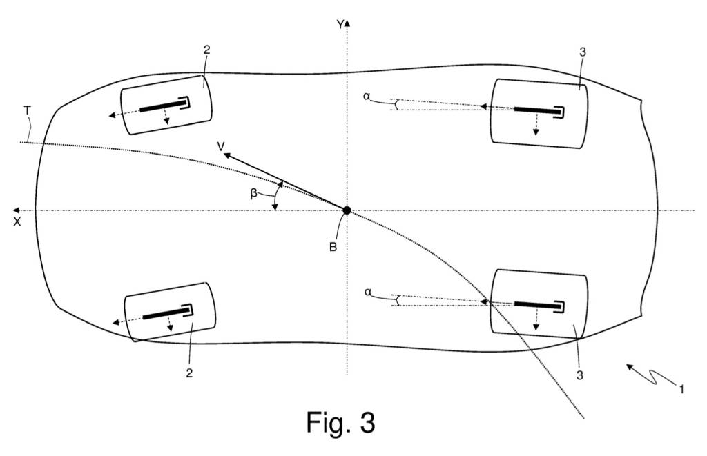 Imagen de patente del sistema de dirección en las ruedas traseras de Ferrari
