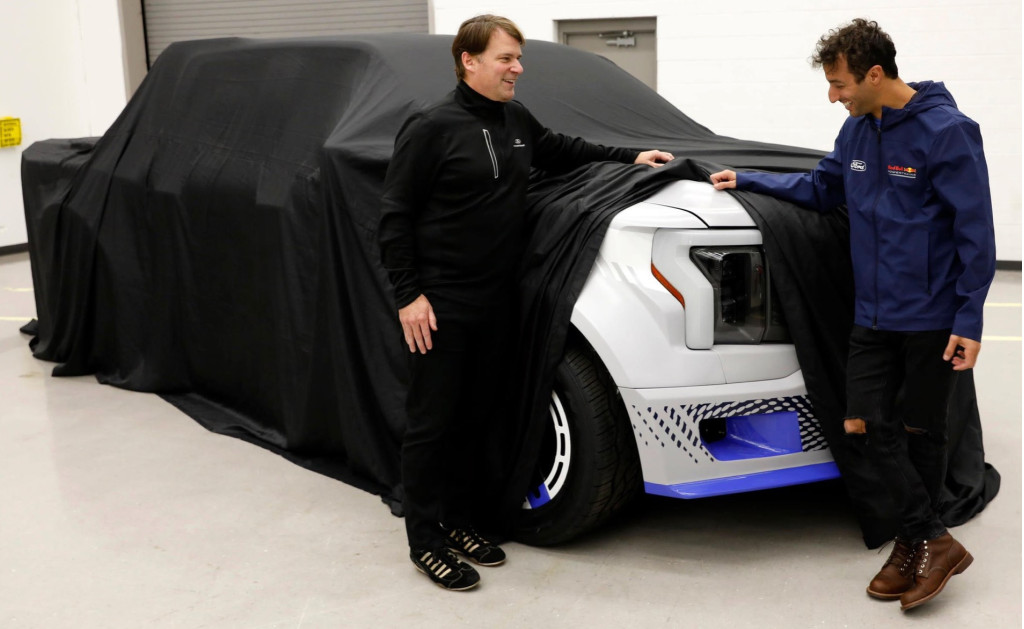 Ford CEO Jim Farley and F1 driver Daniel Ricciardo with F-150 Lightning performance concept
