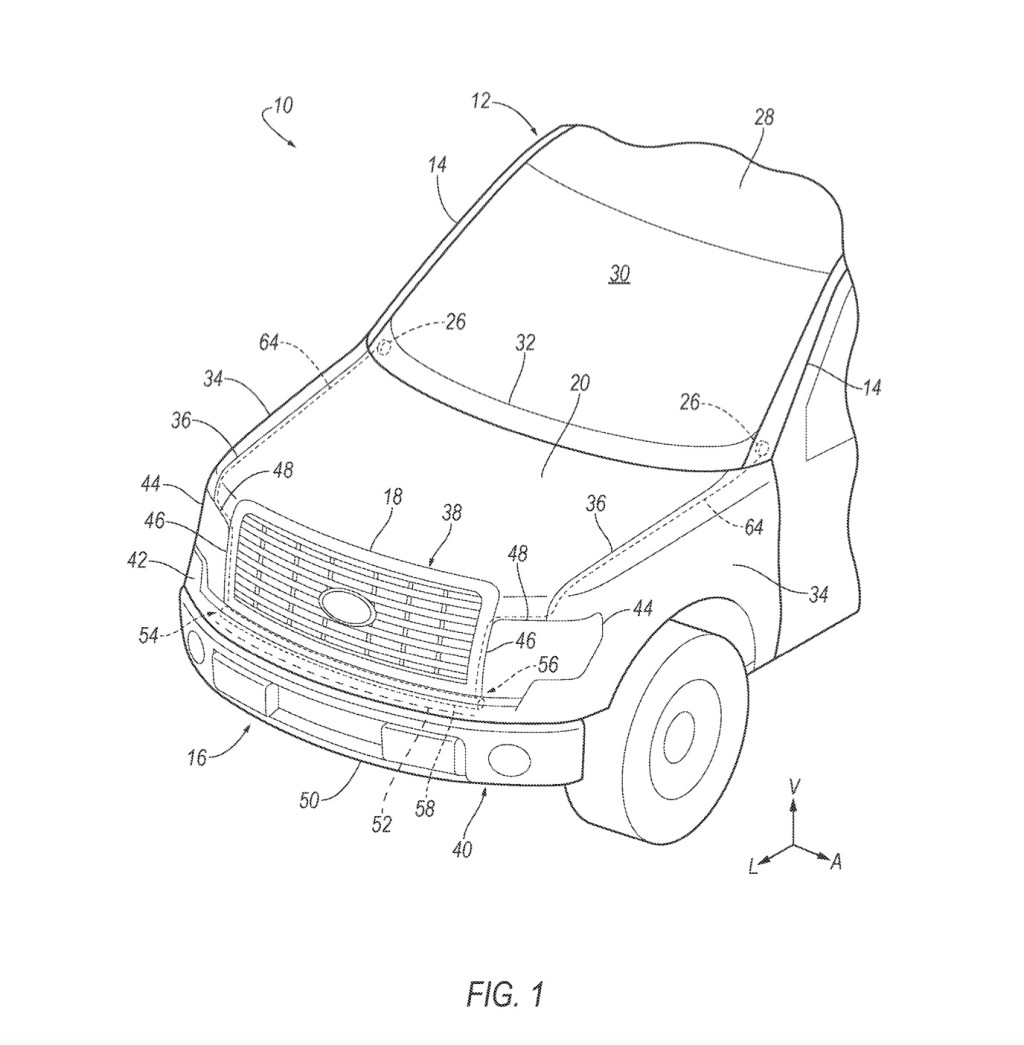 Imagen de patente del sistema de bolsas de aire externas de Ford