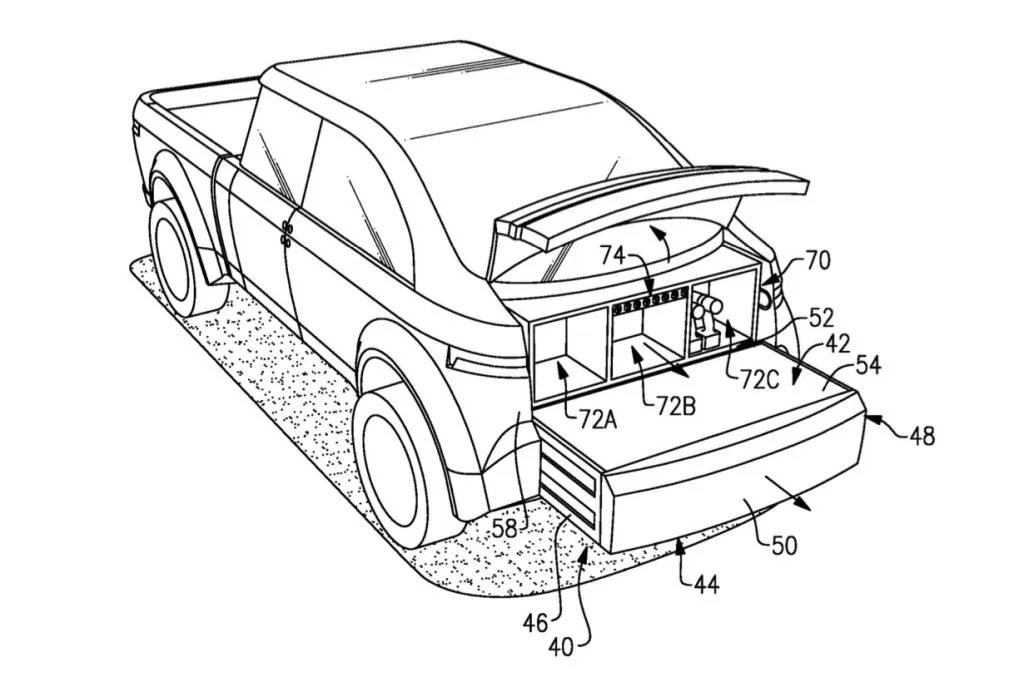 Ford frunk movable platform patent image