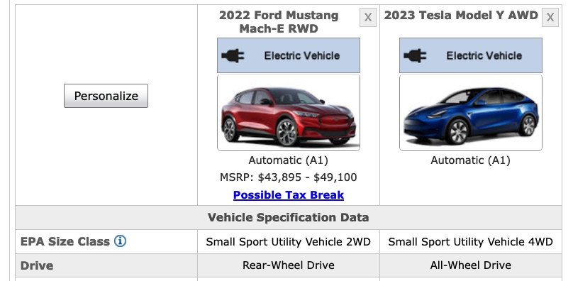 Contoh Ford Mustang Mach-E dan Tesla Model Y untuk kelas EPA