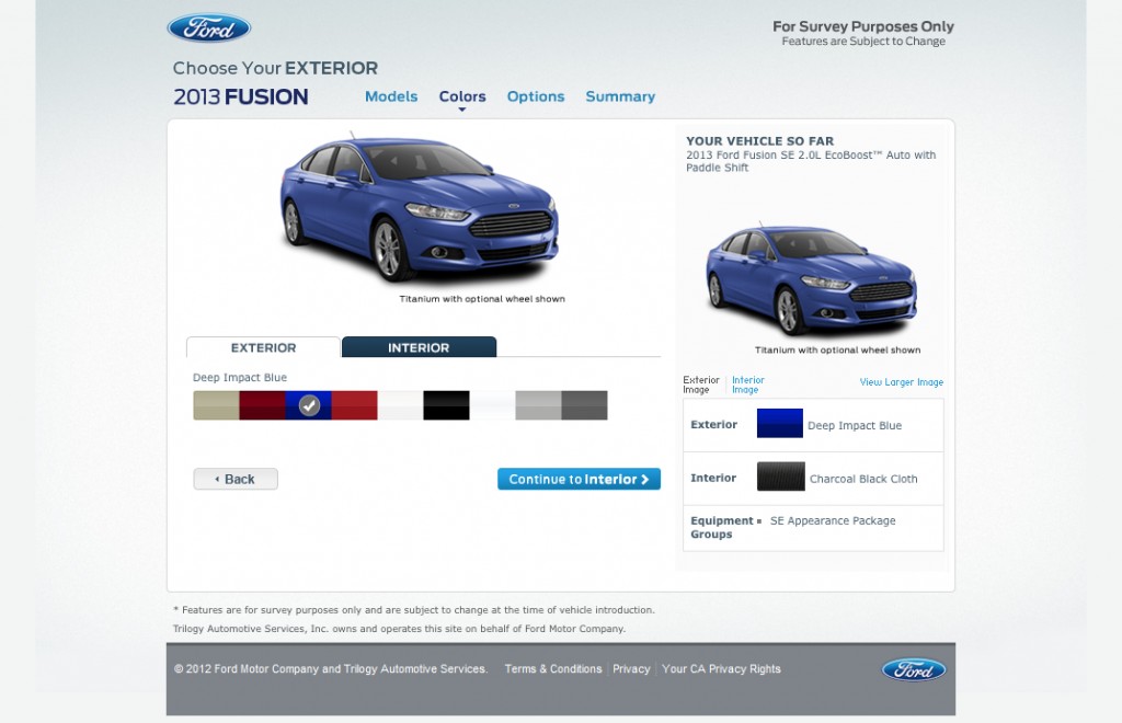 Ford's 2013 Fusion configurator website.