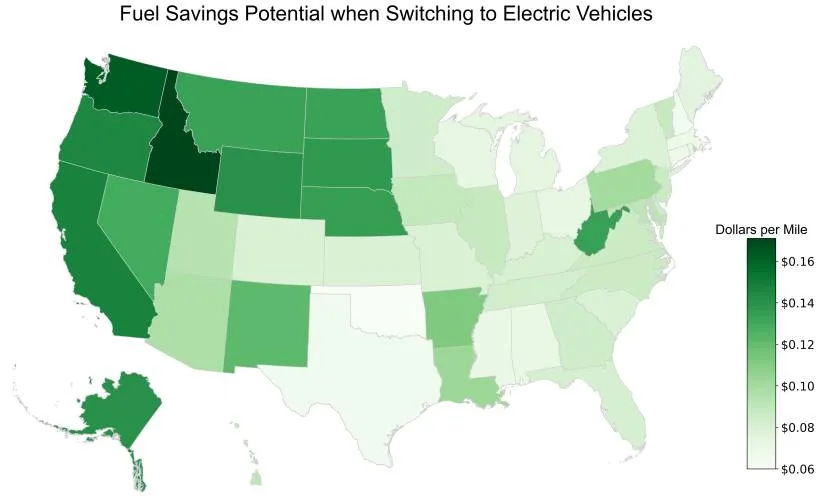 Potential fuel cost savings from switching to electric vehicles, by state (via DOE)