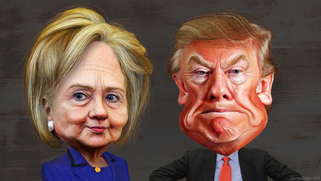 Hillary Clinton and Donald Trump (a caricature by Flickr user DonkeyHotey)