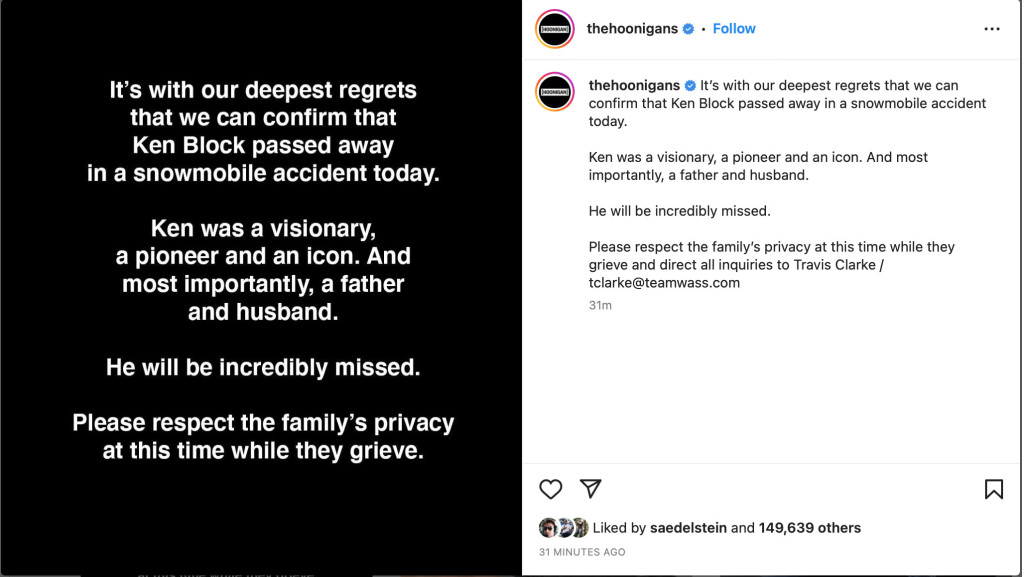Hoonigan confirms Ken Block's death on Instagram