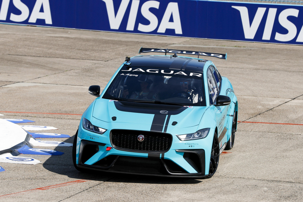 Jaguar I-Pace eTrophy race car dynamic debut during 2018 Formula E Berlin ePrix