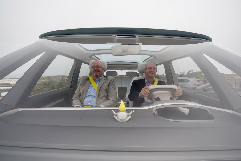 Kirk Bell and John Voelcker in Volkswagen ID Buzz electric Microbus concept vehicle