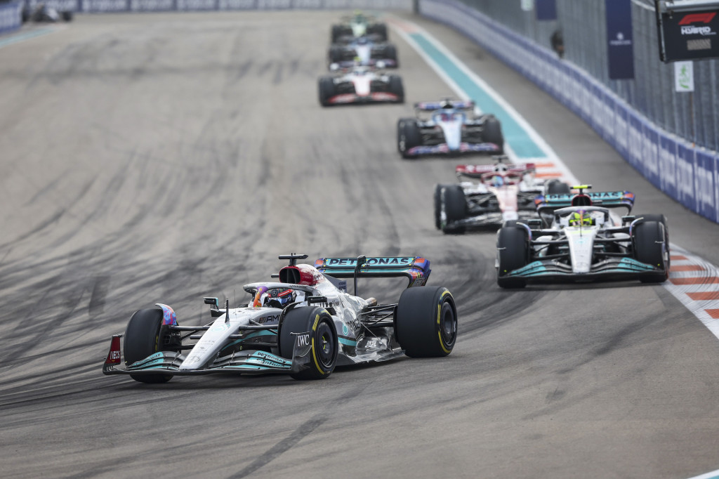 Mercedes’ duo of Lewis Hamilton and George Russell at the 2022 Miami Grand Prix.