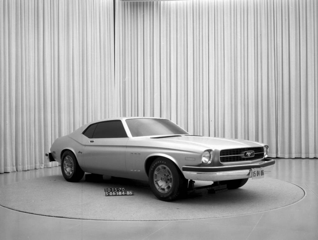 This model was also built on the larger platform, but the front end gives the first hint of what the production car would look like with shrouded headlights separated from the grille. (Image courtesy of Ford Motor Company)