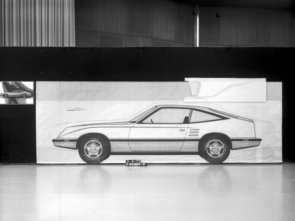 This tape drawing shows the dramatic reduction in size from the 1973 Mustang, and one of the early proposals for the 1974 model. (Courtesy of Ford Motor Company)