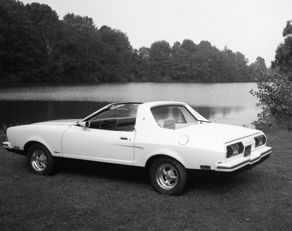 Prior to the public introduction of the 1974 Mustang II, Ford displayed a targa-roofed concept called the Mustang Sportiva II. Like the 1963 Mustang II concept, which was built from a modified prototype of the production 1965 model, the Sportiva II was derived from a preproduction 1974 model. (Courtesy of Ford Motor Company)