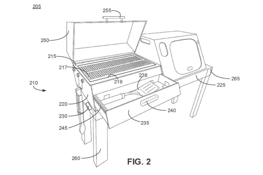 Patent image of a Rivian camp kitchen with grill