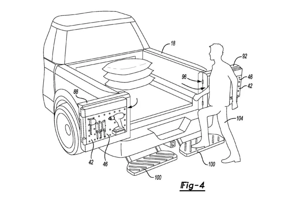 Patentafbeelding van Ford uitschuifbare laadvloer met treden en gedeelde achterklep