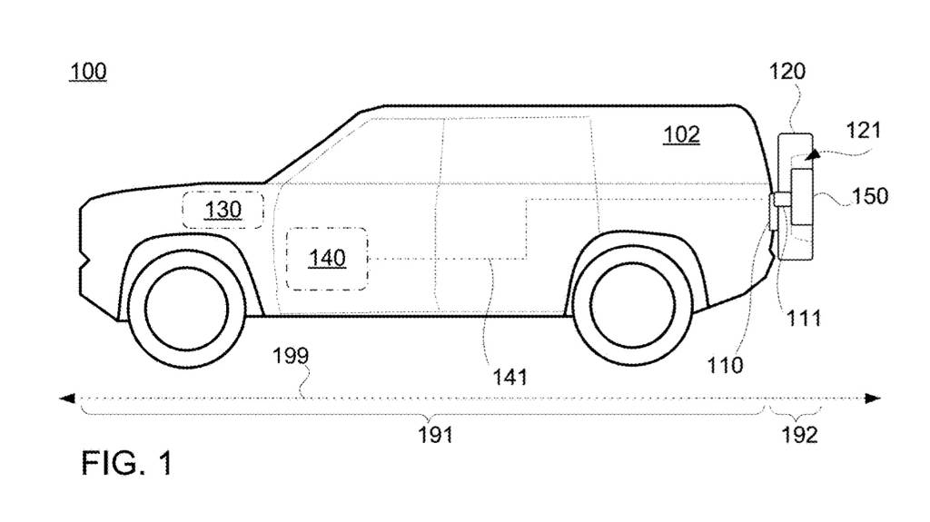 Rivian spare wheel container patent image