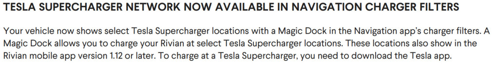 Rivian's update notes on Tesla Supercharger network in navigation