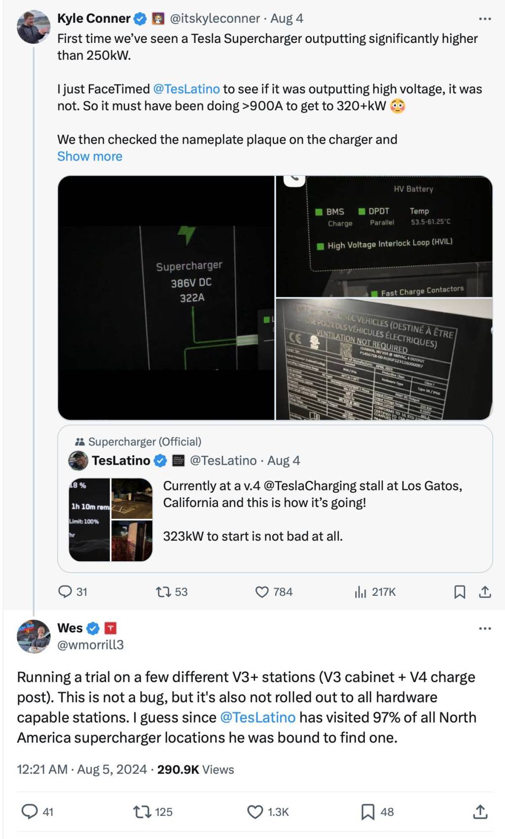 Screenshot of Tesla engineer Wes Morrill's X post explaining the higher-power Supercharger test
