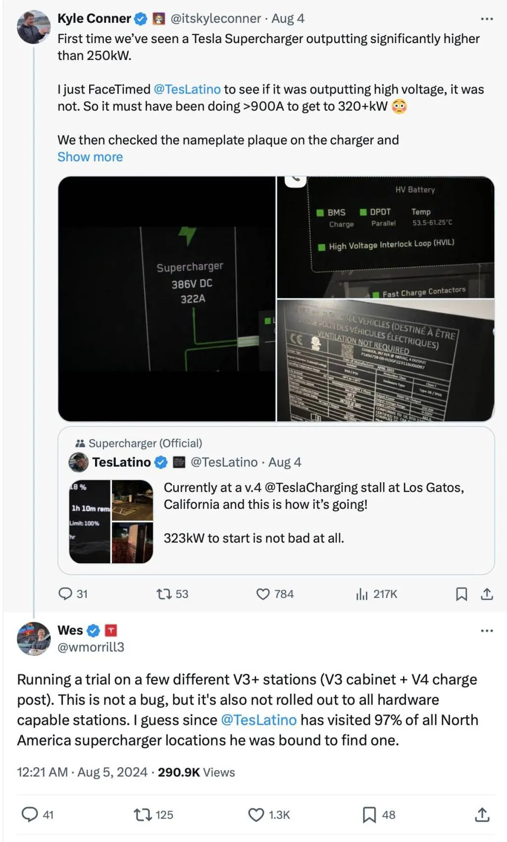 Screen shot of X post from Tesla engineer Wes Morrill explaining higher-power Supercharger trial