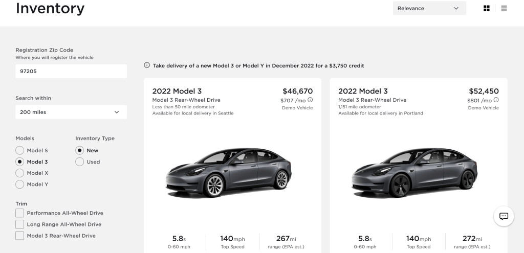 Tesla discounts $3,750 on Model 3, Model Y - December 1, 2022
