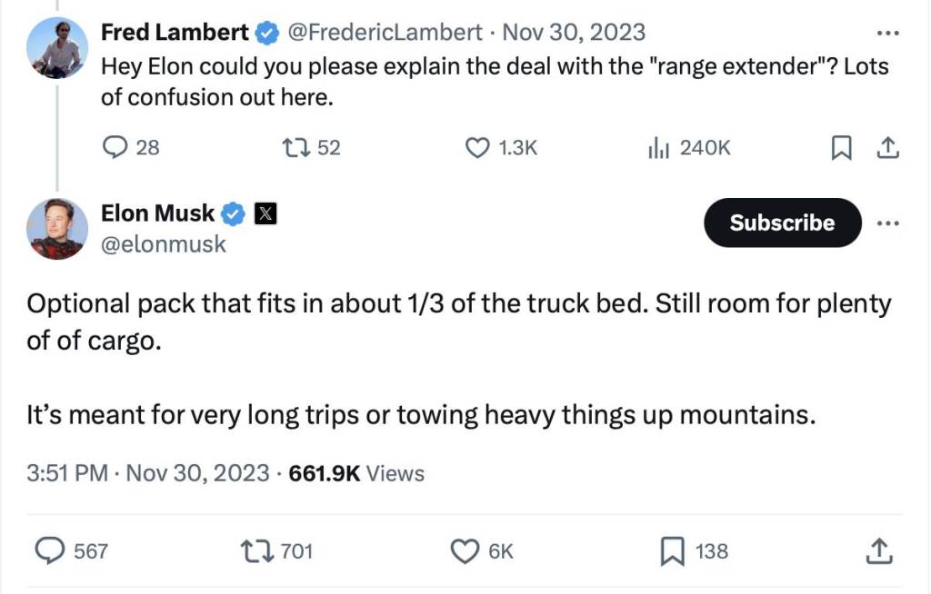 Tesla CEO Elon Musk discussing the Cybetruck extended range battery pack