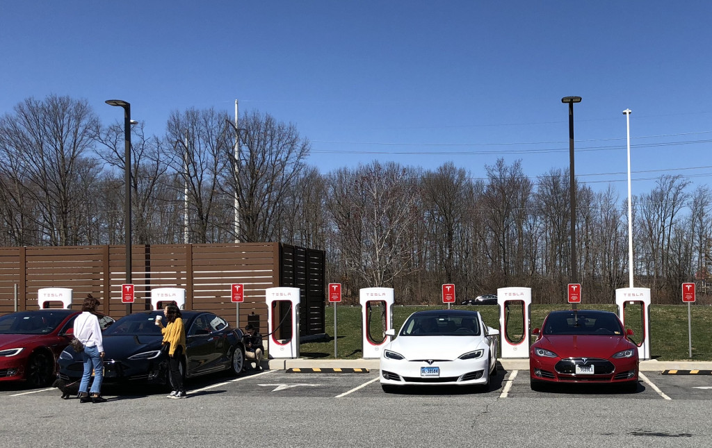 Tesla electric cars at Supercharger fast charging site, TK [photo: Jay Lucas]
