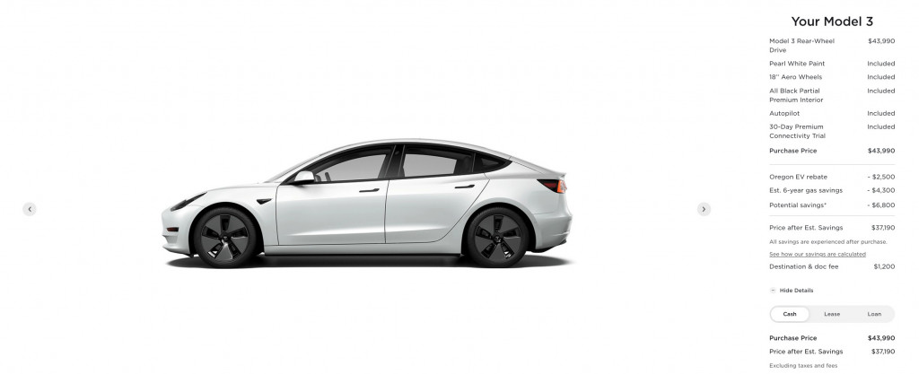 Tesla Model 3 base rear-wheel drive on the Tesla website November 2021