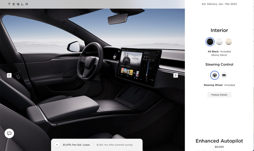 Tesla online configurator showing steering wheel option January 2023